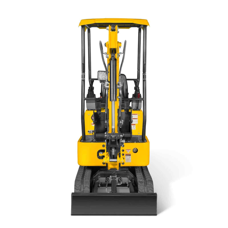 front view of yellow MechMaxx MEC10 mini excavator with B&S Vanguard engine and lowered dozer blade gallery position 1