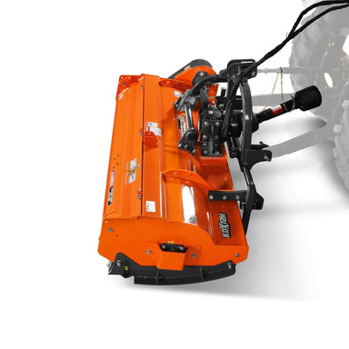 angled rear-left view of orange MechMaxx 72-inch PTO flail mower with hydraulic side shift at gallery position 1