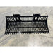 Black metal rock bucket attachment with closely spaced curved tines and skid steer mounting brackets on concrete floor
