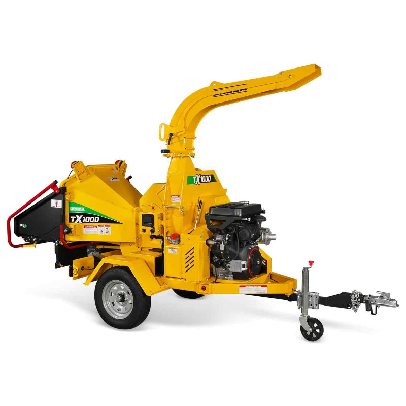 Side view of yellow TX1000 hydraulic wood chipper with ZONSEN gasoline engine and trailer hitch, gallery position 1