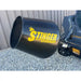 Black round concrete mixing drum attachment with yellow Stinger logo mounted on skid steer loader arm over gravel ground
