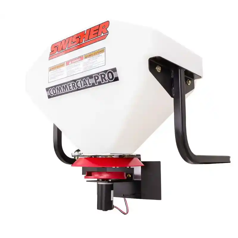 Swisher ATV spreader with white hopper, red distribution plate, and black mounting bracket, gallery position 1