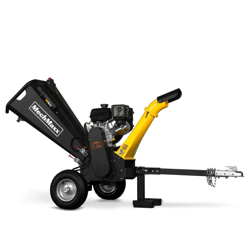 Side profile of MechMaxx 5 inch Kohler 429cc gas wood chipper with feed chute, discharge chute, tow bar, and wheels, gallery 1