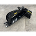 Black skid steer stump bucket grapple attachment with serrated grapple arm and three pointed digging teeth on concrete floor