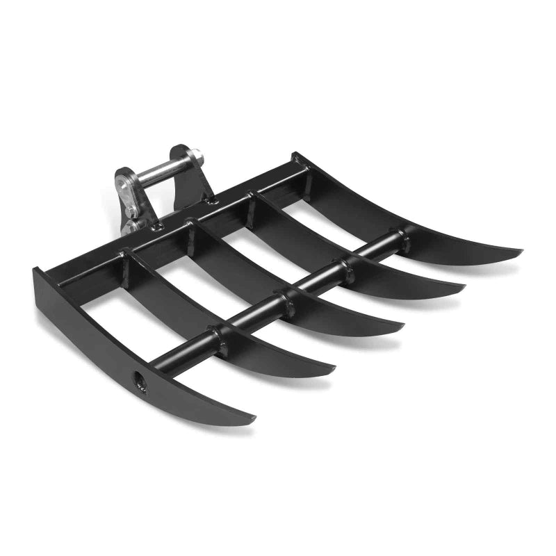 black mini excavator root rake attachment with curved tines and pin mount hardware isolated gallery position 1