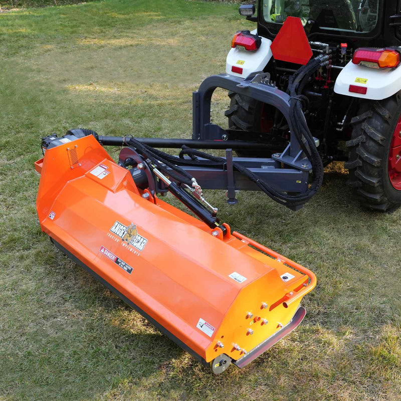 angled side view of orange MechMaxx 72-inch 3-point PTO offset ditch bank mower connected to tractor at gallery position 1