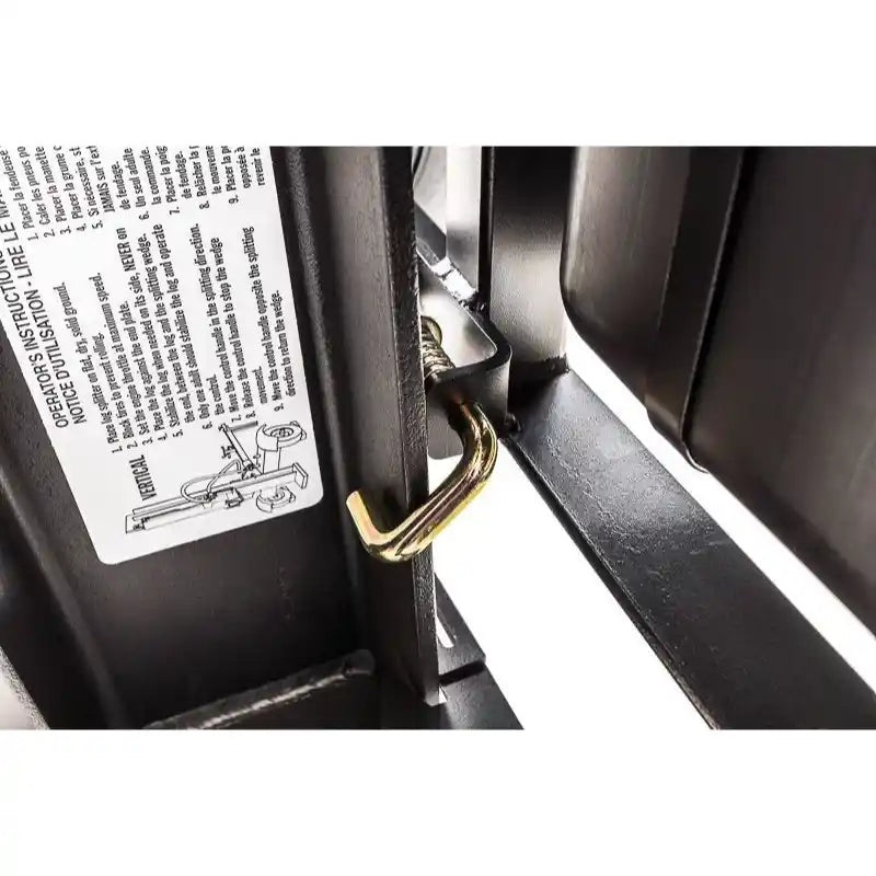 Close-up of metal latch mechanism and instruction label on Swisher 22-Ton Timber Brute Eco Split electric log splitter, gallery position 1