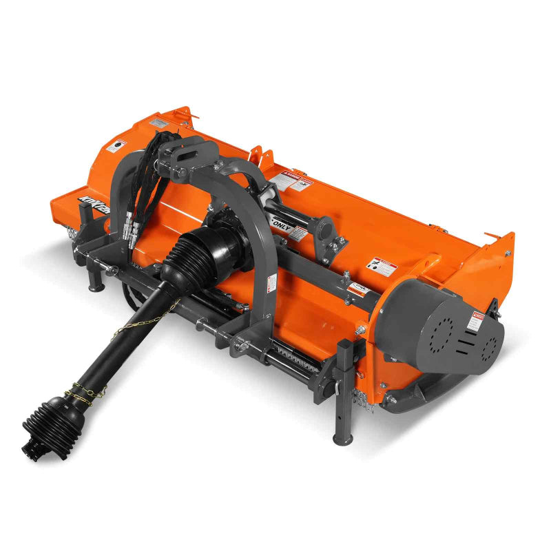 angled front-left view of orange MechMaxx 72-inch PTO flail mower with hydraulic side shift at gallery position 1