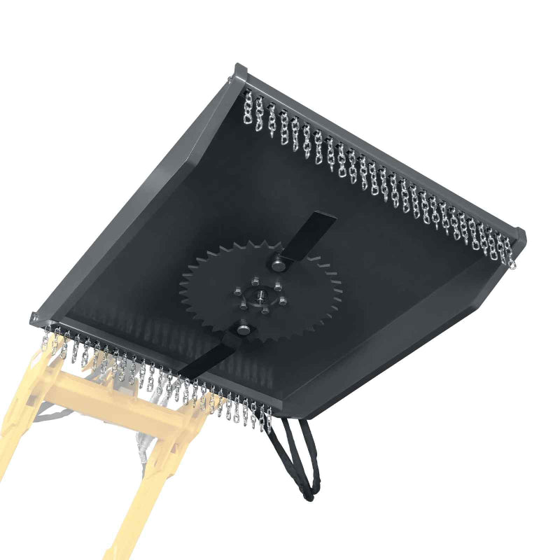 underside view of black 42-inch MechMaxx mini skid steer brush cutter showing cutting blades and chain guard gallery position 1