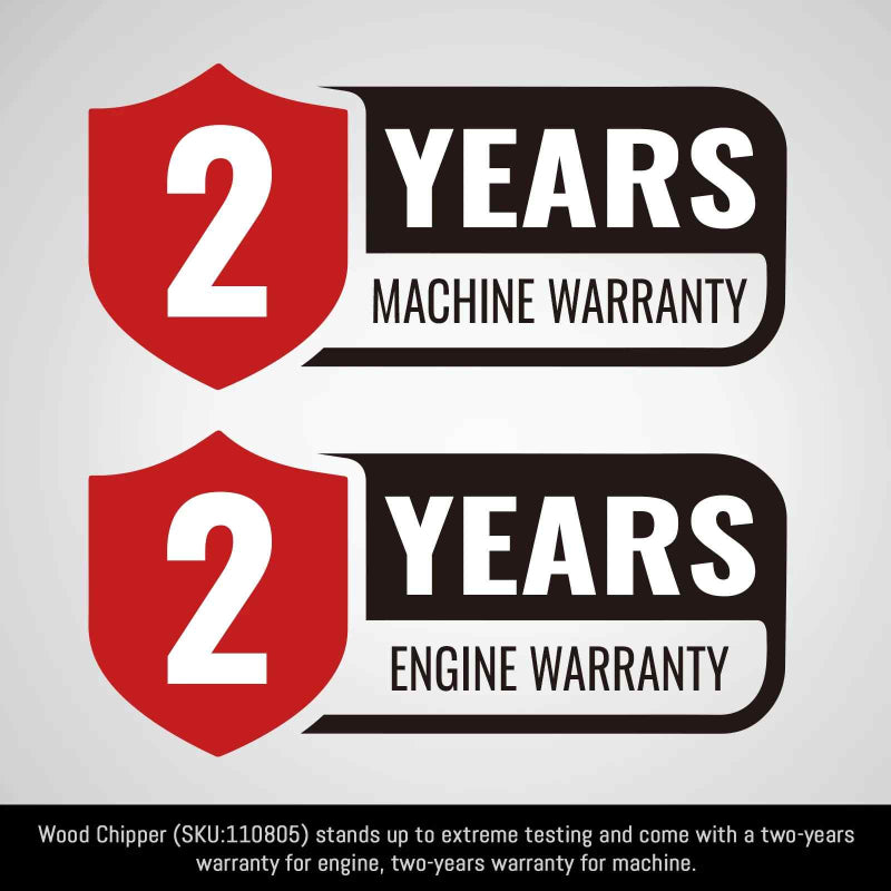 Graphic displaying two-year warranty for both engine and machine with shield icons and warranty text above product note