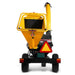 Rear view of yellow MechMaxx 5 inch disc wood chipper with tow bar, safety triangle, and rotating discharge chute gallery position 1