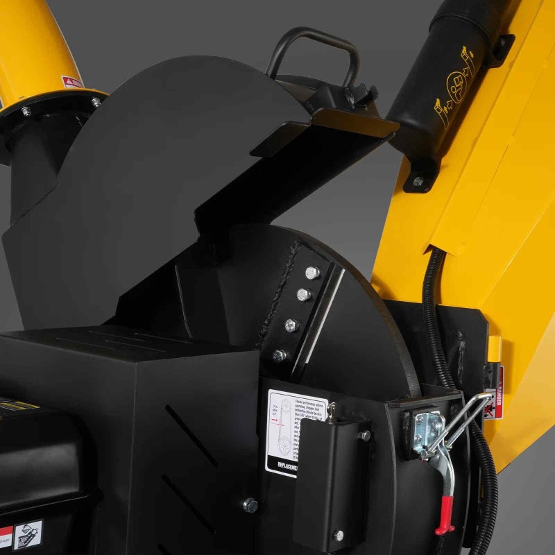Close-up of MechMaxx 5 inch disc wood chipper feed chute with safety latch and discharge chute hinge gallery position 1
