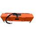 Orange hydraulic skid steer attachment with hoses and flat metal base viewed from rear angle