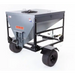 Swisher drop feeder with angled steel frame, dual off-road tires, rear discharge chute, gallery position 1, isolated white background