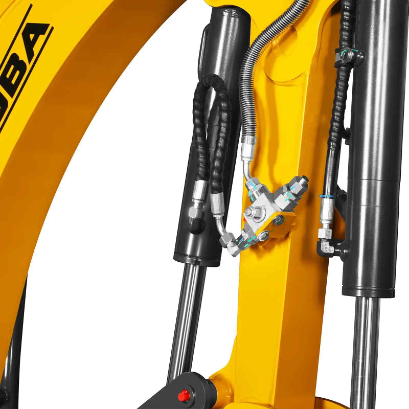close-up of hydraulic lines, cylinders, and yellow boom arm on MechMaxx MEC17 mini excavator gallery position 1