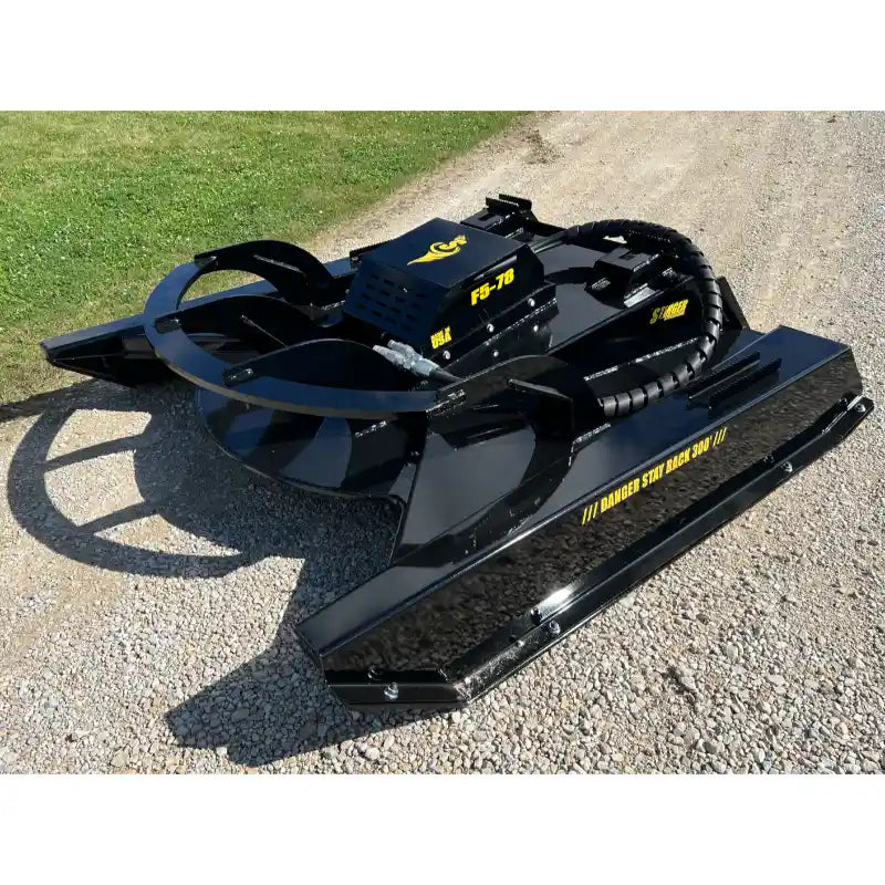 Stinger Attachments TF5 Twister skid steer brush cutter attachment angled view on gravel, gallery image 18, 800x800 square