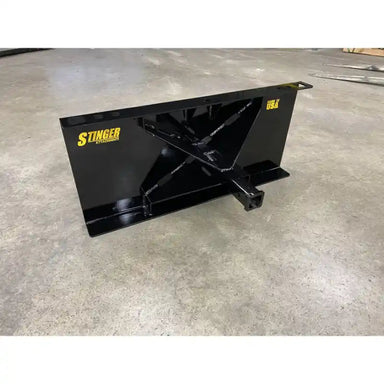 Black steel receiver hitch with reinforced X-bracing and square receiver tube on concrete floor