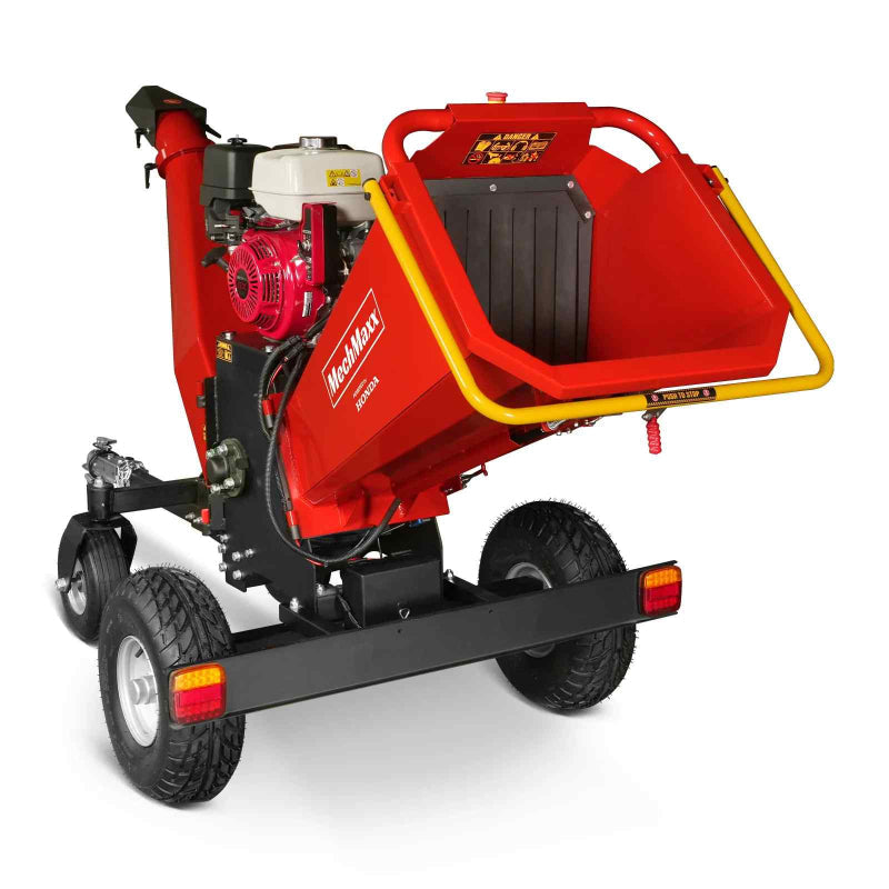 Front angled view of MechMaxx 6 inch Honda GX390 gas-powered drum wood chipper with tow bar, gallery position 1