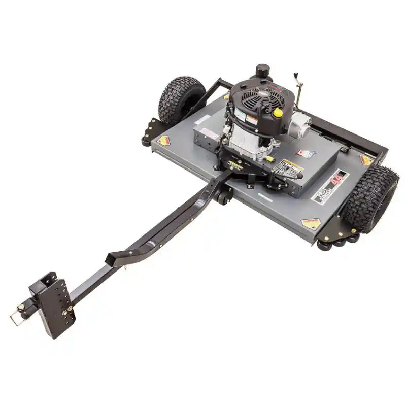 Swisher 44-inch finish cut mower with 11.5HP engine, tow-behind hitch, and rear turf tires, gallery position 1
