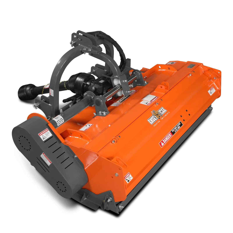 angled top-front view of orange MechMaxx 63-inch PTO flail mower with hydraulic side shift at gallery position 1