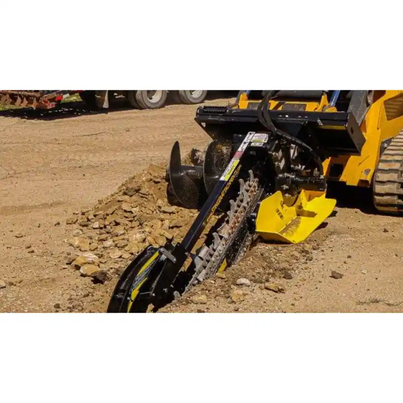 Stinger Attachments BF Bigfoot 900 skid steer trencher cutting trench in dirt, gallery image 5, square 800x800 pixels
