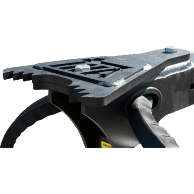 Black steel skid steer pusher attachment plate with reinforced welds, bolts, and hydraulic hose looped through frame