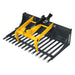 angled gallery view of MechMaxx 20-inch mini skid steer rock grapple bucket showing yellow hydraulic grapple arms and tines