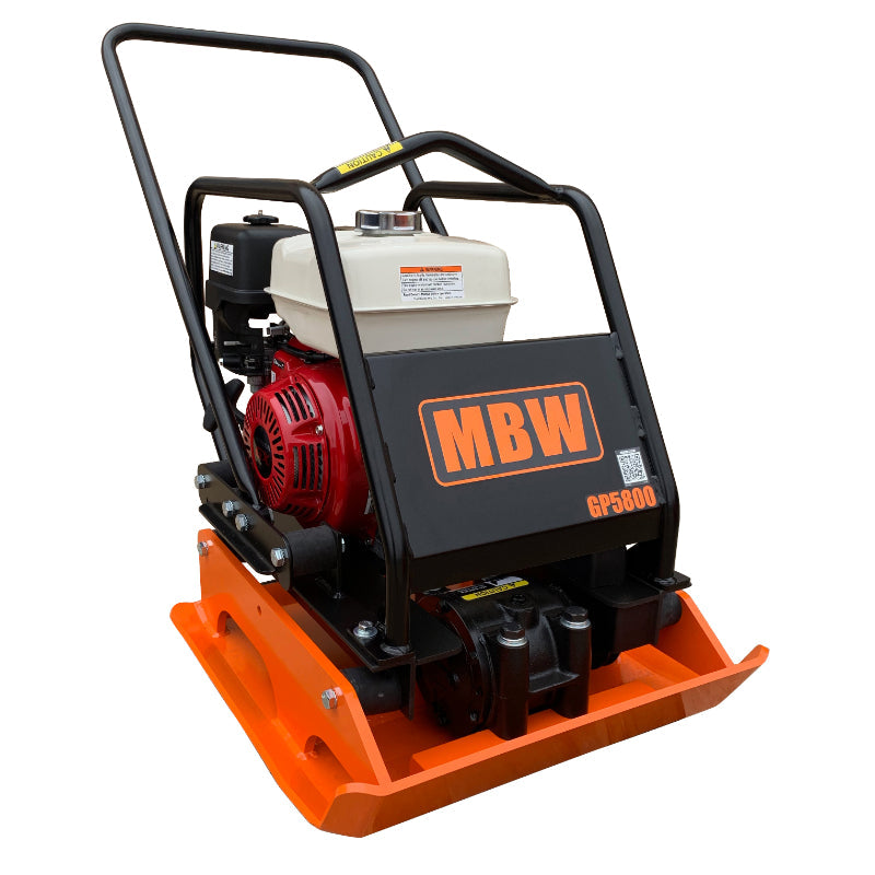 Plate compactor with orange base plate, black tubular frame, white fuel tank, red engine, and MBW logo on front panel