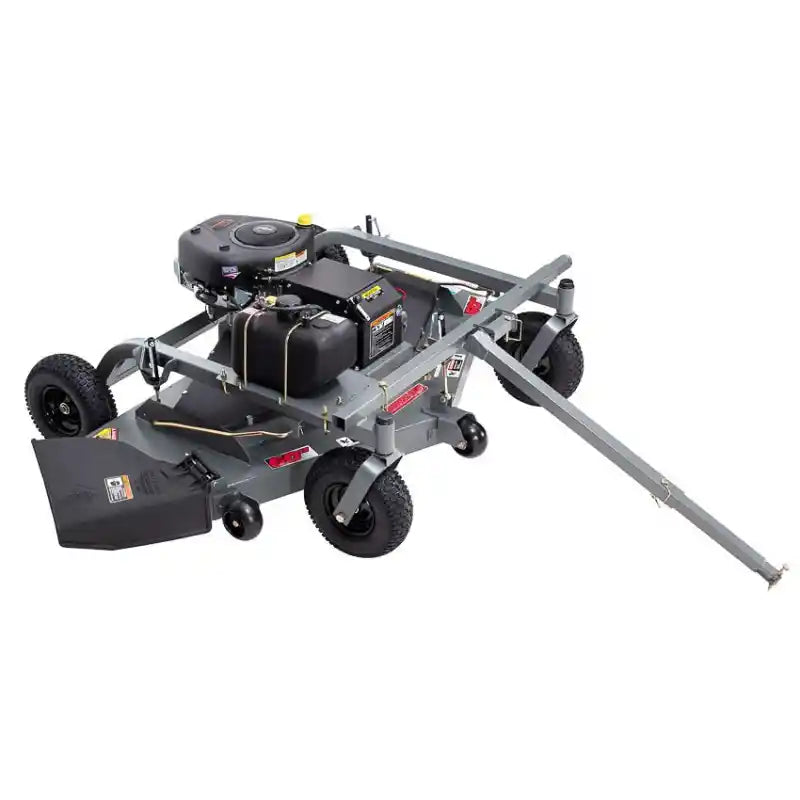Swisher 60-inch finish cut mower with 15.5HP engine, tow bar extended, caster wheels, and discharge chute, gallery position 1