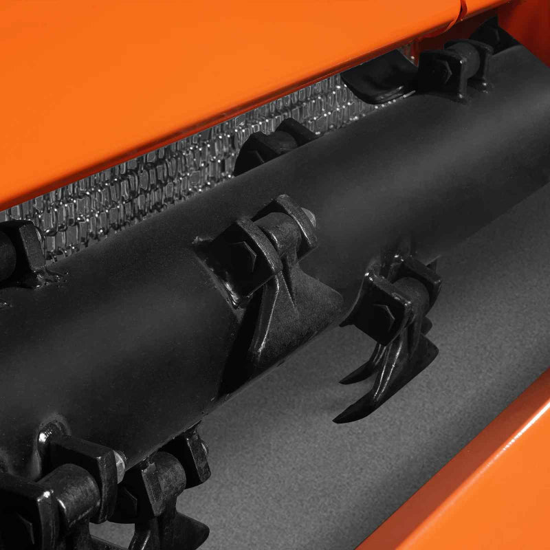 close-up of rotor assembly with flail blades on black shaft inside orange MechMaxx 78-inch PTO flail mower gallery position 1