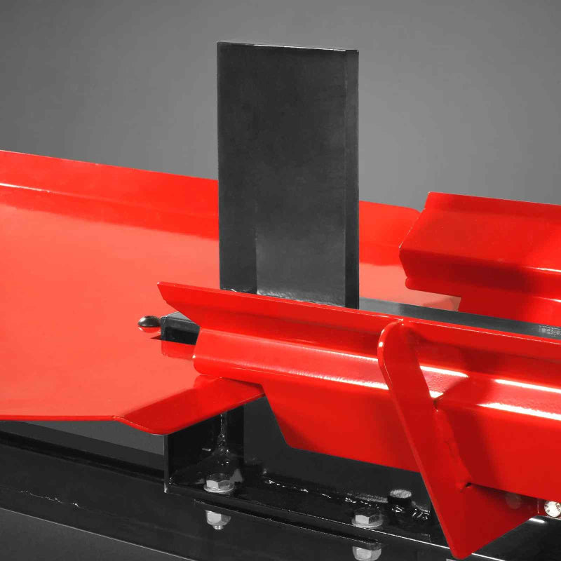 close-up view of metal splitting wedge and red cradle on MechMaxx 34 ton kinetic fast log splitter gallery position 1
