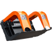 Front-right view of orange and black grapple bucket attachment with steel arms and mounting bracket featuring decal