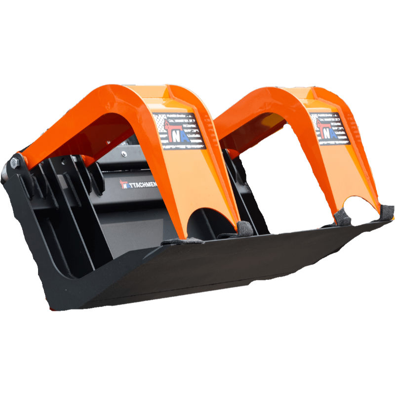 Front-right view of orange and black grapple bucket attachment with steel arms and mounting bracket featuring decal