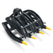 angled view of black 44-inch MechMaxx mini skid steer timber grab with serrated tines and yellow replaceable tips gallery position 1