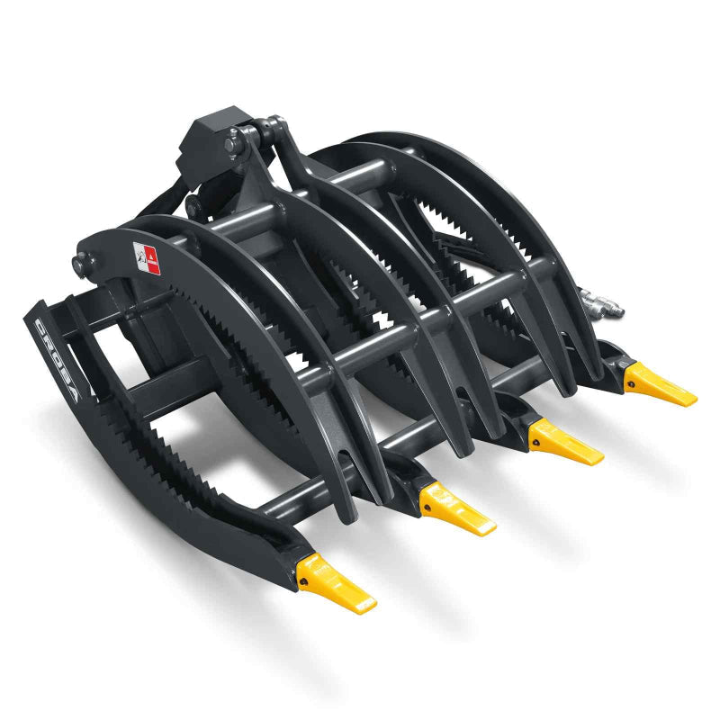 angled view of black 44-inch MechMaxx mini skid steer timber grab with serrated tines and yellow replaceable tips gallery position 1