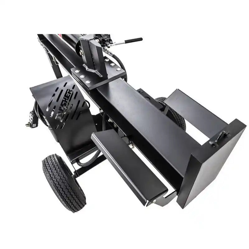 Top-down view of Swisher 22-Ton Timber Brute Eco Split electric log splitter showing splitting beam and wheels, gallery position 1
