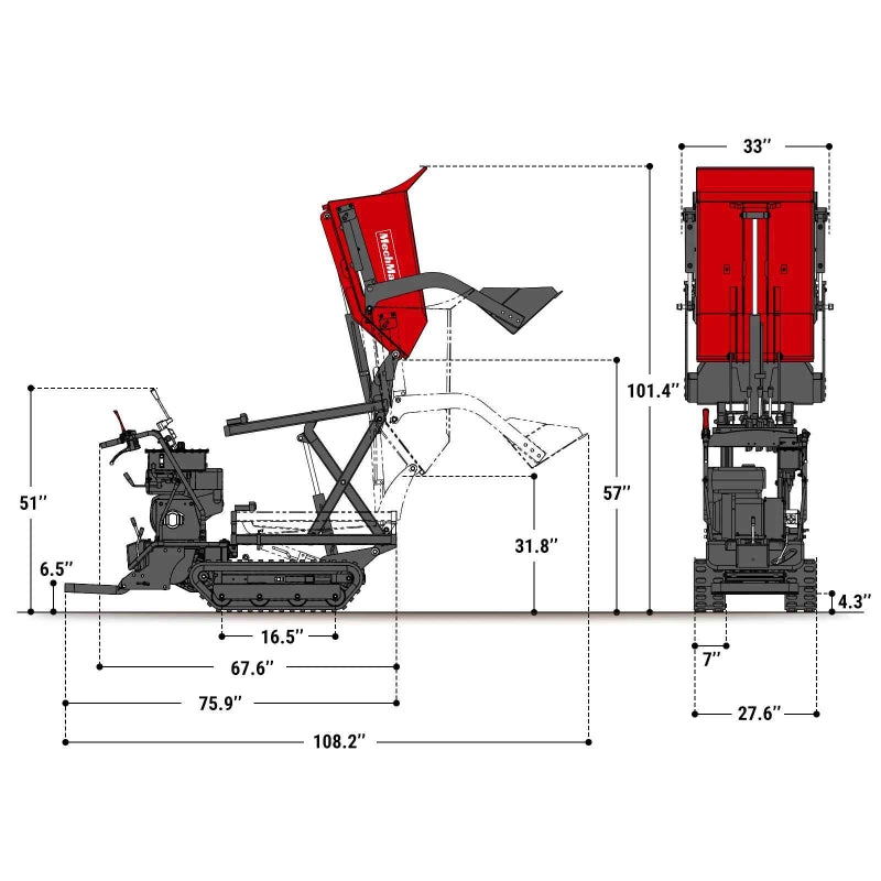 Side and front schematic of red MechMaxx D50HTFL tracked mini dumper with raised hydraulic lifting and tipping bucket, gallery position 1