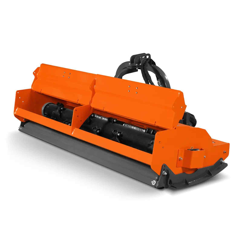 angled front-left view of orange MechMaxx 87-inch PTO flail mower with hydraulic side shift at gallery position 1