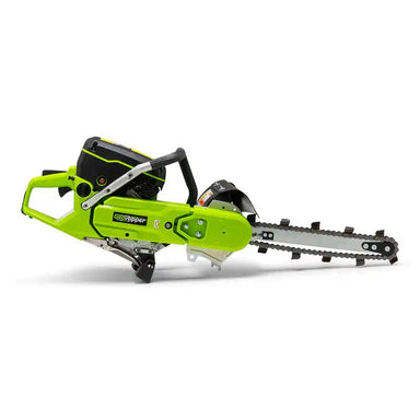 Side angle of GeoRipper GR520 handheld mini trencher with 20-inch digging chain and bright green frame gallery position 1