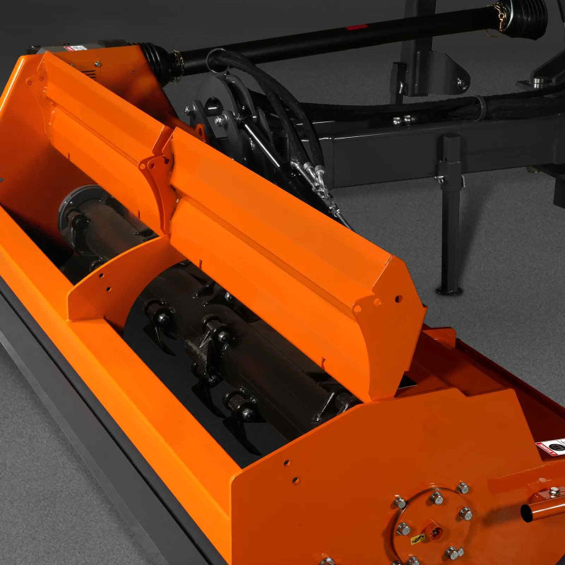 close-up of orange MechMaxx 78-inch 3-point PTO flail mower rotor and protective cover at gallery position 1