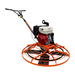 Walk-behind concrete power trowel with orange cage, red engine, white fuel tank, and black handlebar on white background