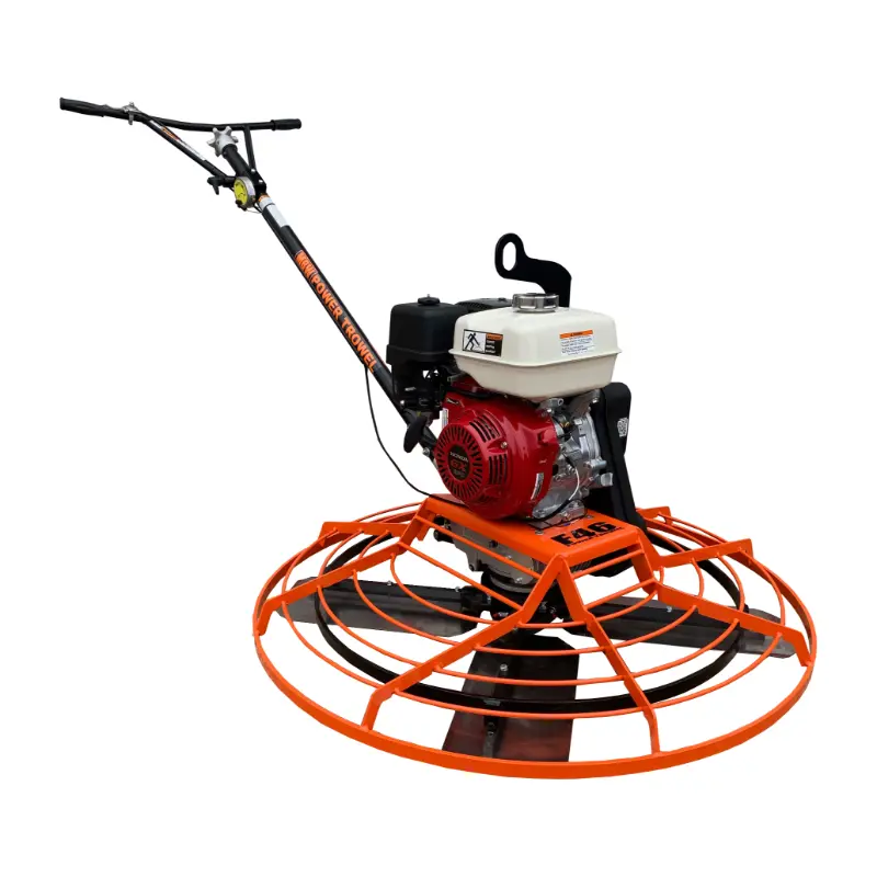Walk-behind concrete power trowel with orange cage, red engine, white fuel tank, and black handlebar on white background