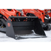 Black steel skid steer front loader bucket attachment with reinforced cutting edge and orange track loader in background