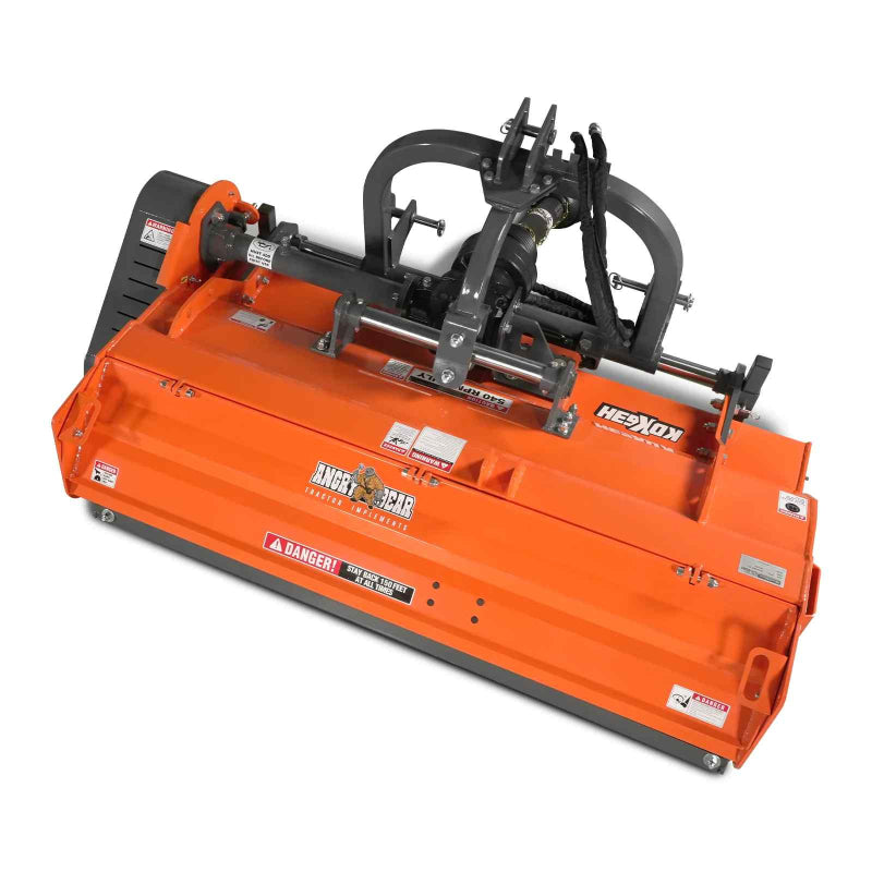 angled top view of orange Angry Bear 61-inch PTO flail mower with three-point hitch and hydraulic hose connections gallery 1