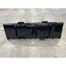 Front view of black steel skid steer attachment plate with mounting hooks on concrete floor indoors