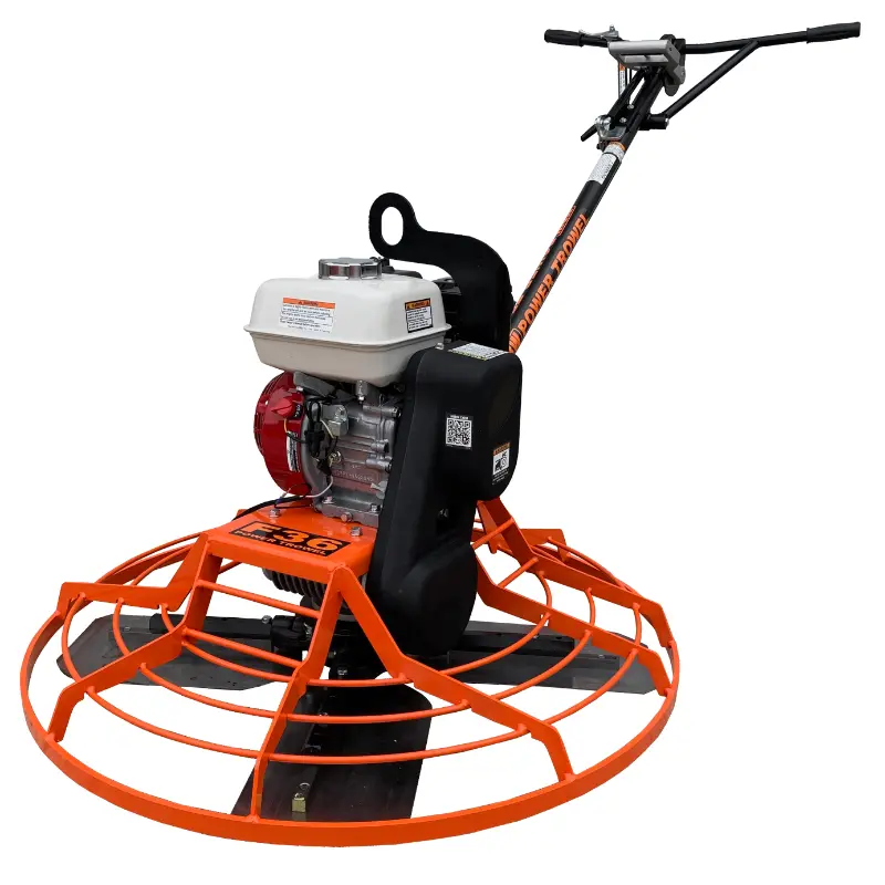 Orange walk-behind power trowel with white engine cover, red recoil starter, and black handlebar on white background