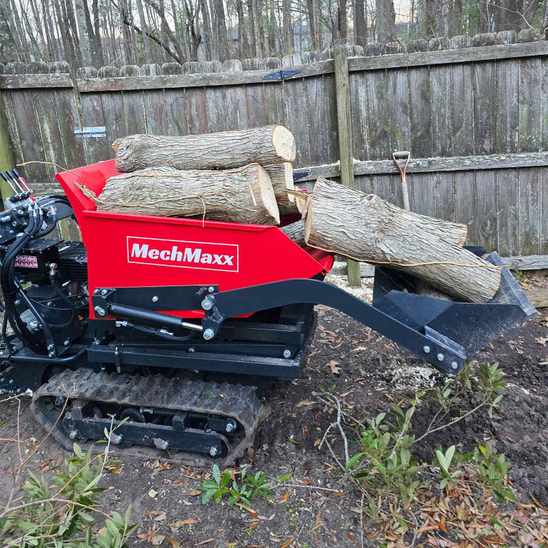 Red MechMaxx D50HTFL tracked dumper loaded with logs, front shovel lifting a log, gallery position 1