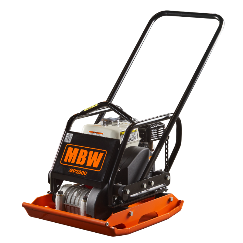 Plate compactor with orange base plate, black engine housing, MBW logo, and black tubular handle frame viewed from left side