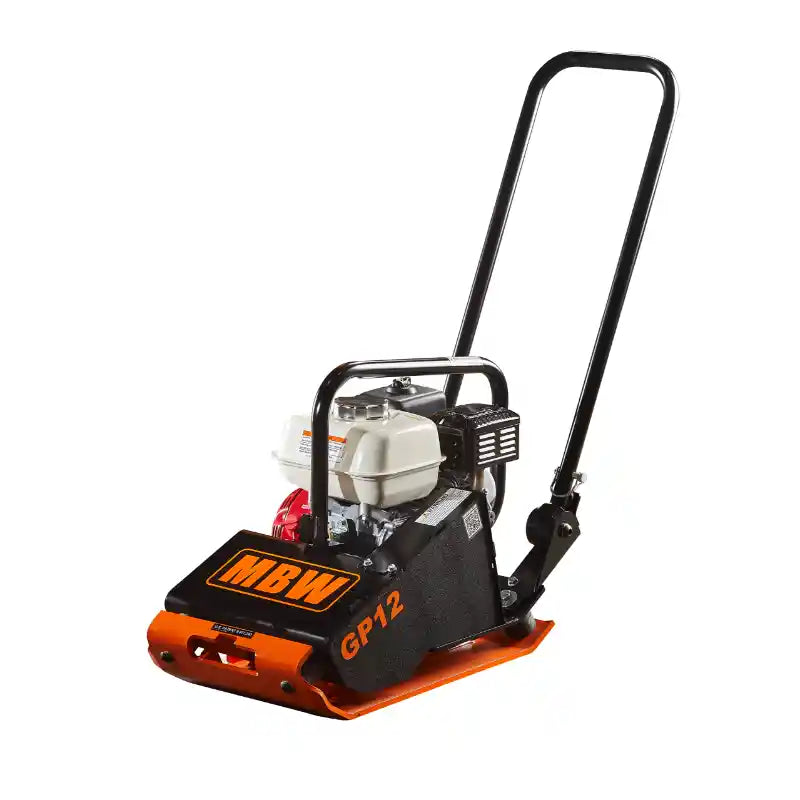 Orange steel plate compactor with black frame, white engine, and tall black handlebar on white background