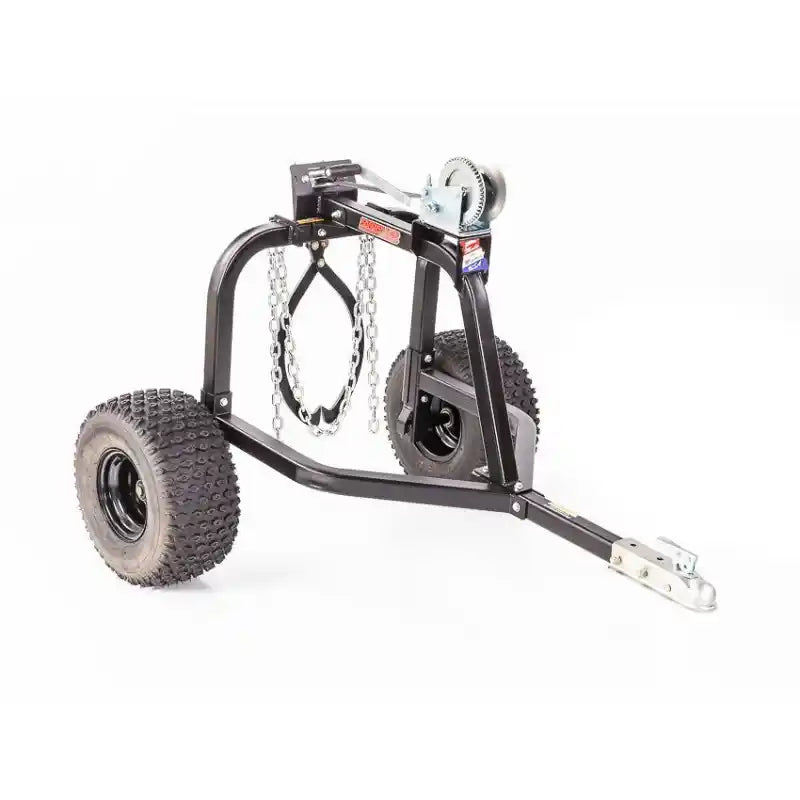 Three-quarter view of Swisher ATV log skidder with hand crank winch, skidding chains, and knobby tires, gallery position 1